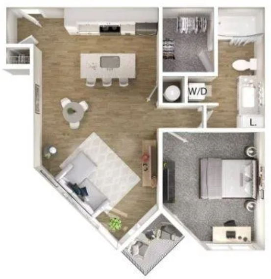 Floor plan for 1 bed, 1 bath, 711 sqft